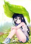  bad_id bad_pixiv_id bangs bare_arms bare_legs black_eyes black_hair blue_flower blue_footwear blue_shorts blush closed_mouth cross-laced_footwear english flower from_side frown full_body grass hair_between_eyes knees_up leaf_umbrella leg_hug lib long_hair looking_at_viewer original outdoors red_flower river riverbank rock shoes shorts sitting sleeveless solo sunlight tank_top wavy_hair wet 