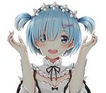  absurdres alternate_hairstyle blue_eyes blue_hair hair_ornament hair_over_one_eye happy highres looking_at_viewer maid re:zero_kara_hajimeru_isekai_seikatsu rem_(re:zero) rhode short_hair smile solo two_side_up x_hair_ornament 