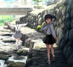  balancing bangs bare_legs black_eyes black_hair black_skirt blunt_bangs bob_cut bridge building canal commentary day from_behind grey_skirt ground_vehicle highres kneehighs long_hair long_sleeves looking_back moss motor_vehicle multiple_girls original outdoors outstretched_arms outstretched_wrists path real_world_location retaining_wall river road rock scenery school_uniform shade shirt shoes short_hair skirt smile sneakers socks sody spread_arms stone_wall sunlight suspenders twintails walking wall water white_legwear white_shirt 