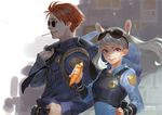  1girl 2016 animal_ears badge bangs belt blue_eyes blue_shirt brown_hair carrot collared_shirt commentary disney eyewear_on_head floating_hair food grey_hair hair_ornament hairclip hand_on_hip height_difference holding holding_food humanization jacket_over_shoulder judy_hopps long_sleeves looking_at_viewer looking_away necktie nick_wilde police police_uniform policewoman qmo_(chalsoma) shirt signature smile sunglasses twintails uniform zootopia 