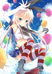  anchor_hair_ornament armpits balloon blonde_hair blue_skirt blue_sky blush cloud day elbow_gloves gloves green_eyes hair_ornament hairband highres kantai_collection long_hair looking_at_viewer maya_(tirolpop) shimakaze_(kantai_collection) skirt sky smile solo striped striped_legwear thighhighs white_gloves 