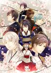  6+boys aqua_hair black_hair brown_hair cherry_blossoms closed_eyes female_saniwa_(touken_ranbu) fox fox_mask gloves heshikiri_hasebe highres ichigo_hitofuri japanese_clothes konnosuke mask mikazuki_munechika miko multiple_boys necktie ookurikara petals purple_eyes rei_(usabiba) saniwa_(touken_ranbu) sayagata scroll shokudaikiri_mitsutada smile touken_ranbu tsurumaru_kuninaga white_gloves white_hair yagen_toushirou yellow_eyes 