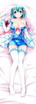  :o aqua_eyes aqua_hair ass_visible_through_thighs bare_shoulders bed_sheet blush bow breasts cleavage collarbone dakimakura divine_gate dress earrings elbow_gloves frilled_dress frills full_body gloves hair_bow highres jewelry lying medium_breasts nanaume_(shichimi_tougarashi) no_bra no_shoes on_back pink_bow ribbon-trimmed_legwear ribbon_trim short_dress short_hair solo strap_slip thighhighs vivian_(divine_gate) white_gloves white_legwear 