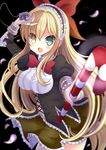  :d black_background blonde_hair bow brown_skirt candy candy_cane cowboy_shot eyepatch eyepatch_removed flower_knight_girl food green_eyes hair_bow hairband hane. heterochromia ivy_(flower_knight_girl) long_hair looking_at_viewer open_mouth petals red_bow sidelocks skirt smile solo yellow_eyes 