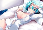  aqua_eyes aqua_hair areola_slip areolae ass_visible_through_thighs bed_sheet blush bow bow_panties breasts buttons collarbone condom condom_in_mouth condom_wrapper divine_gate hair_bow hand_on_forehead highres long_sleeves looking_at_viewer lying medium_breasts mouth_hold nanaume_(shichimi_tougarashi) navel no_bra on_back on_bed open_clothes open_shirt panties pillow shirt short_hair skirt skirt_removed solo thighhighs unbuttoned underwear vivian_(divine_gate) white_legwear white_shirt 