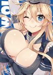  ;d arm_up bad_id bad_twitter_id blonde_hair blush bouncing_breasts breasts cleavage commentary dated elbow_gloves front-tie_top gloves hair_between_eyes headgear highres iowa_(kantai_collection) kantai_collection kou_mashiro large_breasts long_hair one_eye_closed open_mouth signature smile solo star star-shaped_pupils symbol-shaped_pupils 