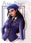  alternate_costume ana_(overwatch) artist_name beret breasts brown_eyes captain_amari character_name dark_skin facial_mark facial_tattoo hand_on_hip hat long_hair medium_breasts military military_uniform naoyi necktie overwatch parted_lips signature solo tattoo uniform upper_body white_background younger zoom_layer 