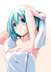  aqua_eyes aqua_hair armpits arms_up bare_shoulders breasts cleavage collarbone divine_gate highres holding looking_at_viewer medium_breasts naked_towel nanaume_(shichimi_tougarashi) parted_lips pink_background short_hair simple_background solo towel upper_body vivian_(divine_gate) wet wet_hair 