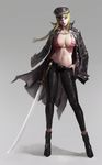  artstation_sample belt black_footwear black_pants blonde_hair blue_eyes boots braid breasts closed_mouth contrapposto dongho_kang full_body hat holding holding_sword holding_weapon image_sample jacket_on_shoulders lipstick long_hair makeup navel original pants peaked_cap purple_lipstick realistic solo standing striped_bikini_top sword weapon 