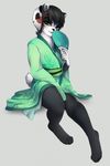  andreia-chan anthro bear clothed clothing girly looking_at_viewer male mammal panda simple_background sitting smile solo teeth 
