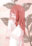  456 bangs bouquet closed_eyes flower from_side holding holding_bouquet holding_flower hydrangea leaf long_hair parted_bangs petals profile red red_hair shirt smelling_flower solo standing white_shirt 