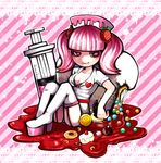  agi_(neckless) bangs blunt_bangs boots breasts cake cleavage closed_mouth diagonal_stripes doughnut food food_themed_hair_ornament full_body glint hair_ornament high_heels lace_border macaron medium_breasts milk_(pop'n_music) nurse open_clothes open_shirt pink_eyes pink_hair platform_footwear pop'n_music red_eyes shirt short_sleeves sitting smile solo strawberry_hair_ornament striped syringe thigh_boots thighhighs white_footwear white_legwear white_shirt 