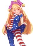  &gt;:) american_flag_dress american_flag_legwear bangs blonde_hair blush breasts closed_mouth clownpiece covered_navel danji_aq dress dress_lift hat head_tilt highres jester_cap lifted_by_self long_hair medium_breasts nail_polish neck_ruff pantyhose pointy_ears polka_dot red_eyes short_dress short_sleeves simple_background smile solo standing star star_print striped striped_legwear swept_bangs touhou v-shaped_eyebrows very_long_hair white_background 
