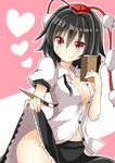  aki_chimaki bangs black_hair book breasts brown_eyes brush calligraphy_brush commentary_request hair_between_eyes hat heart holding holding_book holding_brush looking_at_viewer medium_breasts no_bra no_panties notebook open_clothes open_shirt paintbrush pom_pom_(clothes) shameimaru_aya shirt short_hair skirt skirt_lift smile solo tokin_hat touhou unbuttoned 