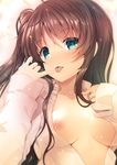  :p akahito aqua_eyes bangs blue_eyes blurry blush breasts brown_hair collarbone collared_shirt depth_of_field dress_shirt eyebrows eyebrows_visible_through_hair finger_licking hair_between_eyes licking light_particles long_hair long_sleeves looking_at_viewer lying medium_breasts nipples no_bra on_back one_side_up open_clothes open_shirt pointing pointing_at_self shade shirt sleeves_past_wrists solo tamasaka_makoto tokyo_7th_sisters tongue tongue_out unbuttoned unbuttoned_shirt upper_body white_shirt 