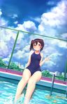  arm_at_side bangs barefoot black_hair blue_swimsuit chain-link_fence character_name clenched_hand cloud cloudy_sky competition_school_swimsuit covered_navel day dutch_angle fence happy_birthday head_tilt long_hair love_live! love_live!_school_idol_project marshall_(wahooo) one-piece_swimsuit outdoors pool pool_ladder poolside red_eyes school_swimsuit scrunchie sky smile soaking_feet solo splashing swimsuit twintails water yazawa_nico 