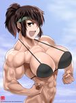  1girl :d abs biceps bikini breasts brown_eyes brown_hair cleavage daimon_akiko elee0228 female gao-lukchup headband large_breasts muscle ponytail short_ponytail solo taisen_hot_gimmick taisen_hot_gimmick_4ever 