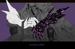 1boy ainz_ooal_gown artist_request collar english gauntlets hood monochrome overlord_(maruyama) purple_background purple_eyes robe sitting skeleton solo undead 