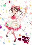  2016 ace_of_hearts apron ascot black_footwear black_hair bow card confetti covering_mouth cup dated dress earrings frilled_ribbon frills hair_bow happy_birthday highres jewelry korekara_no_someday looking_at_viewer love_live! love_live!_school_idol_project mary_janes open_mouth pantyhose pink_legwear playing_card red_eyes ribbon shoes sleeveless solo spilling striped striped_legwear suito tea teacup twintails yazawa_nico 