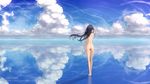  ass back barefoot black_hair blue_sky cloud day flat_ass from_behind highres horizon kimagure_blue long_hair nude original outdoors reflection ripples scenery sky solo standing standing_on_liquid very_long_hair water wide_shot wind 