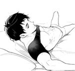  abs adonis_belt bed_sheet boxers free! greyscale groin looking_at_viewer male_focus male_underwear megumi-square monochrome parted_lips pillow shirt shirt_lift solo t-shirt underwear yamazaki_sousuke 