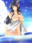  adapted_costume areola_slip areolae bikini black_hair breast_hold breasts clothes_down cloud cloudy_sky covered_nipples day en_(paorasuteki) floral_print fusou_(kantai_collection) highres kantai_collection large_breasts looking_at_viewer micro_bikini red_eyes revealing_clothes sky solo standing standing_on_liquid swimsuit water 