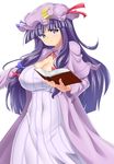  :&lt; absurdres bangs belly blunt_bangs book breasts bursting_breasts cleavage cloak covered_navel covered_nipples crescent crescent_hair_ornament dress hair_ornament hat highres holding holding_book huge_breasts long_hair looking_at_viewer low-tied_long_hair mob_cap mokkori9 patchouli_knowledge purple_eyes purple_hair solo touhou very_long_hair wide_hips 