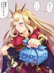  blonde_hair blush bracelet cagliostro_(granblue_fantasy) cape commentary_request crown furoshiki granblue_fantasy hairband hand_on_hip highres jewelry long_hair looking_away obentou parted_lips purple_eyes simple_background solo translated tsundere wrapped_obentou yapo_(croquis_side) 