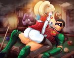  1girl anus ass batman_(series) black_hair blonde_hair bottomless cowgirl_position cum dc_comics domino_mask harley_quinn hetero hmage mask pale_skin pool_table robin_(dc) sex straddling superhero testicles thighhighs 