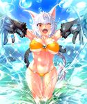  1girl animal_ears breasts cat_ears cat_paws cat_tail crakul erect_nipples fangs large_breasts lilith-soft looking_at_viewer navel neko_mimi nobushito_kuro open_mouth orange_eyes silver_hair smile solo swimsuit tail taimanin_asagi taimanin_asagi_battle_arena 