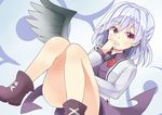  aki_chimaki blush bow bowtie commentary_request covering_mouth dress feathered_wings grey_wings jacket kishin_sagume long_sleeves looking_at_viewer open_clothes open_jacket purple_dress purple_footwear red_bow red_eyes red_neckwear shoes silver_hair single_wing solo touhou wings 
