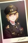  armband bismarck_(zhan_jian_shao_nyu) black_neckwear blonde_hair brown_eyes character_name detached_sleeves double-breasted hat iron_cross light_smile looking_at_viewer medal meijin93 nazi necktie photo_(object) short_hair solo uniform upper_body zhan_jian_shao_nyu 