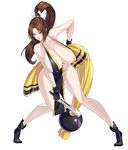  alternate_color arms_behind_back bare_shoulders black_legwear breasts brown_eyes brown_hair closed_fan electricblue fan fatal_fury folding_fan highres huge_breasts japanese_clothes nipple_slip nipples ponytail pose revealing_clothes shiranui_mai snk solo the_king_of_fighters white_background 