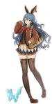  absurdres alternate_costume animal_ears black_legwear blue_hair brown_eyes bunny_ears erune ferry_(granblue_fantasy) full_body granblue_fantasy highres long_hair looking_at_viewer school_uniform simple_background skirt solo thighhighs white_background yatsuka_(846) zettai_ryouiki 