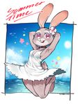  animal_ears armpits arms_behind_head breasts buck_teeth bunny bunny_ears bunny_tail cleavage disney dress flower full_body furry hair_flower hair_ornament judy_hopps jumping looking_at_viewer midair ocean short_dress small_breasts smile solo sundress taikodon tail white_dress zootopia 