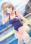  absurdres bare_shoulders blue_eyes blue_swimsuit breasts brown_hair cleavage collarbone competition_swimsuit covered_navel dutch_angle grey_hair highres love_live! love_live!_sunshine!! lzl_j medium_breasts one-piece_swimsuit poolside salute short_hair sitting solo swimsuit watanabe_you water 