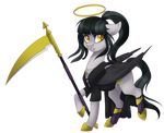  black_feathers black_hair clothed clothing equine fan_character feathered_wings feathers feral fur grey_fur hair hi_res hooves horse jewelry mammal melee_weapon my_little_pony necklace pegasus polearm pony reluctant_reaper scythe silentwulv simple_background standing weapon wings yellow_eyes 