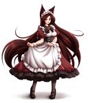  :d alternate_costume animal_ears apron black_legwear blush breasts brooch corset enmaided fang full_body high_heels highres imaizumi_kagerou jewelry large_breasts long_hair looking_at_viewer maid maid_headdress mary_janes mazume open_mouth pantyhose puffy_short_sleeves puffy_sleeves shoes short_sleeves simple_background smile solo tail touhou underbust very_long_hair waist_apron white_apron white_background wolf_ears wolf_tail wrist_cuffs 