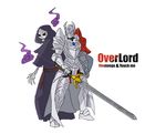  2boys ainz_ooal_gown armor artist_request back-to-back cape english gauntlets greaves helmet hood overlord_(maruyama) red_eyes shield shoulder_armor simple_background skeleton sword touch_me undead weapon 