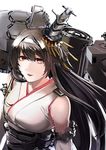  bangs black_hair breasts commentary_request detached_sleeves fusou_(kantai_collection) hachimaki hair_ornament hairband headband kantai_collection large_breasts looking_at_viewer nakano_haito nontraditional_miko open_mouth red_eyes rigging sketch smile solo upper_body white_background 
