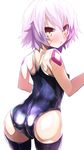  ass back black_legwear blush competition_school_swimsuit covered_nipples fate/apocrypha fate_(series) jack_the_ripper_(fate/apocrypha) looking_at_viewer looking_back one-piece_swimsuit purple_hair scar shimejinameko short_hair simple_background slit_pupils solo swimsuit thighhighs white_background yellow_eyes 