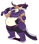  anthro antlers armor belly big_belly brown_fur cervine daikanu dual_wielding ear_piercing fur holding_object holding_weapon horn male mammal melee_weapon midriff navel overweight overweight_male piercing pose scabbard sheathed_weapon simple_background smile solo standing sword tan_fur techiebit thick_thighs unconvincing_armor weapon white_background 
