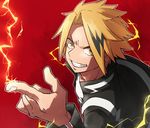  blonde_hair boku_no_hero_academia dutch_angle electricity fang gradient gradient_background grin index_finger_raised jacket kaminari_denki komiya_harumoto looking_at_viewer male_focus multicolored_hair open_clothes open_jacket red_background smile solo streaked_hair yellow_eyes zipper 