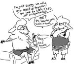  annoyed anthro argument bottle caprine clothed clothing dialogue duo english_text female fluffy hooves humor male mammal monochrome nobody_(artist) sheep shorts slightly_chubby sofa text topless 