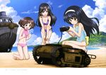  absurdres ahoge akiyama_yukari anglerfish bangs barefoot beach bikini black_eyes black_hair blush_stickers boat brown_eyes brown_hair casual_one-piece_swimsuit caterpillar_tracks cloud controller covered_navel day emblem explosive girls_und_panzer goliath_tracked_mine green_swimsuit ground_vehicle hairband halterneck hands_on_own_knees highres isuzu_hana kneeling land_wasser_schlepper leaning_forward long_hair military military_vehicle mine_(weapon) motor_vehicle multiple_girls ocean official_art one-piece_swimsuit open_mouth outdoors pink_bikini purple_bikini reizei_mako remote_control short_hair side-tie_bikini sky smile squatting standing sugimoto_isao swimsuit tank thigh_gap watercraft 