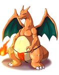  2016 ambiguous_gender ambiguous_slit blue_eyes blush camel_toe charizard claws clothing embarrassed fangs fast1458 feral fire fundoshi japanese_clothing looking_down nintendo pok&eacute;mon scalie simple_background slightly_chubby slit solo standing underwear video_games white_background wings 