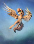  brown_feathers brown_fur brown_hair cutie_mark detailed equine feathered_wings feathers feral flying fur green_eyes hair hooves horse male mammal my_little_pony pegasus pony sky smile solo viwrastupr wings 
