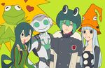  3boys alternate_costume animal_connection animal_costume animal_helmet asui_tsuyu black_hair blue_hair boku_no_hero_academia breasts eruka_frog fran_(reborn) frog frog_costume frog_eyes frog_girl green_eyes hat headphones heart hu_(saimens) katekyo_hitman_reborn! kermit_the_frog long_hair looking_at_viewer lucio_(overwatch) medium_breasts multiple_boys multiple_girls muppets overwatch ribbit_lucio short_hair soul_eater the_muppet_show tongue tongue_out trait_connection 