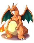 2016 ambiguous_gender ambiguous_slit blue_eyes blush charizard claws embarrassed fangs fast1458 feral fire looking_down nintendo pok&eacute;mon scalie simple_background slightly_chubby slit solo standing video_games white_background wings 
