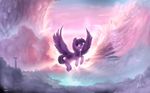  2016 building cloud cutie_mark equine feathered_wings feathers female feral flying friendship_is_magic fur hair hi_res horn house landscape looking_at_viewer mammal mountain multicolored_hair my_little_pony nature outside purple_eyes purple_feathers purple_fur purple_hair rain-gear sky smile solo spread_wings twilight_sparkle_(mlp) winged_unicorn wings 